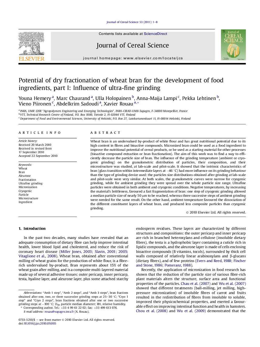 Potential of dry fractionation of wheat bran for the development of food ingredients, part I: Influence of ultra-fine grinding