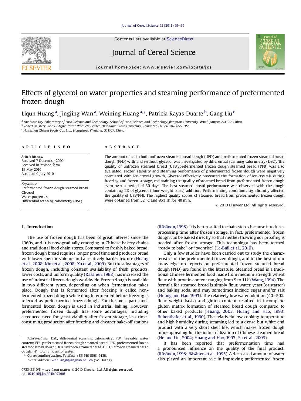 Effects of glycerol on water properties and steaming performance of prefermented frozen dough