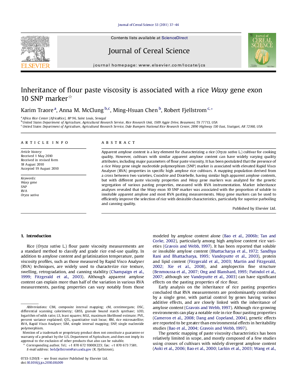 Inheritance of flour paste viscosity is associated with a rice Waxy gene exon 10 SNP marker