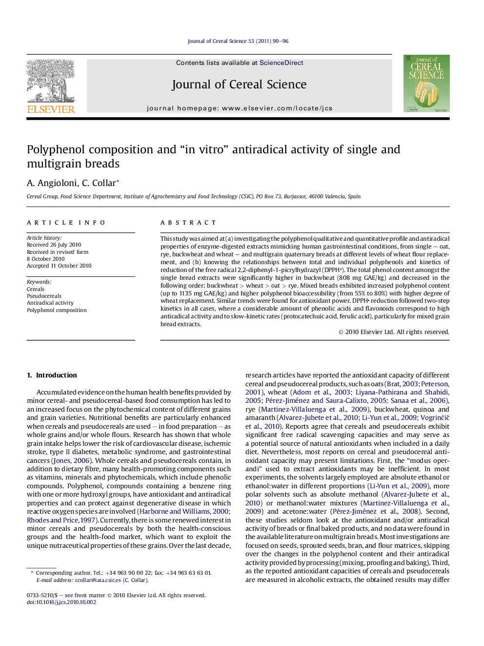 Polyphenol composition and “in vitro” antiradical activity of single and multigrain breads