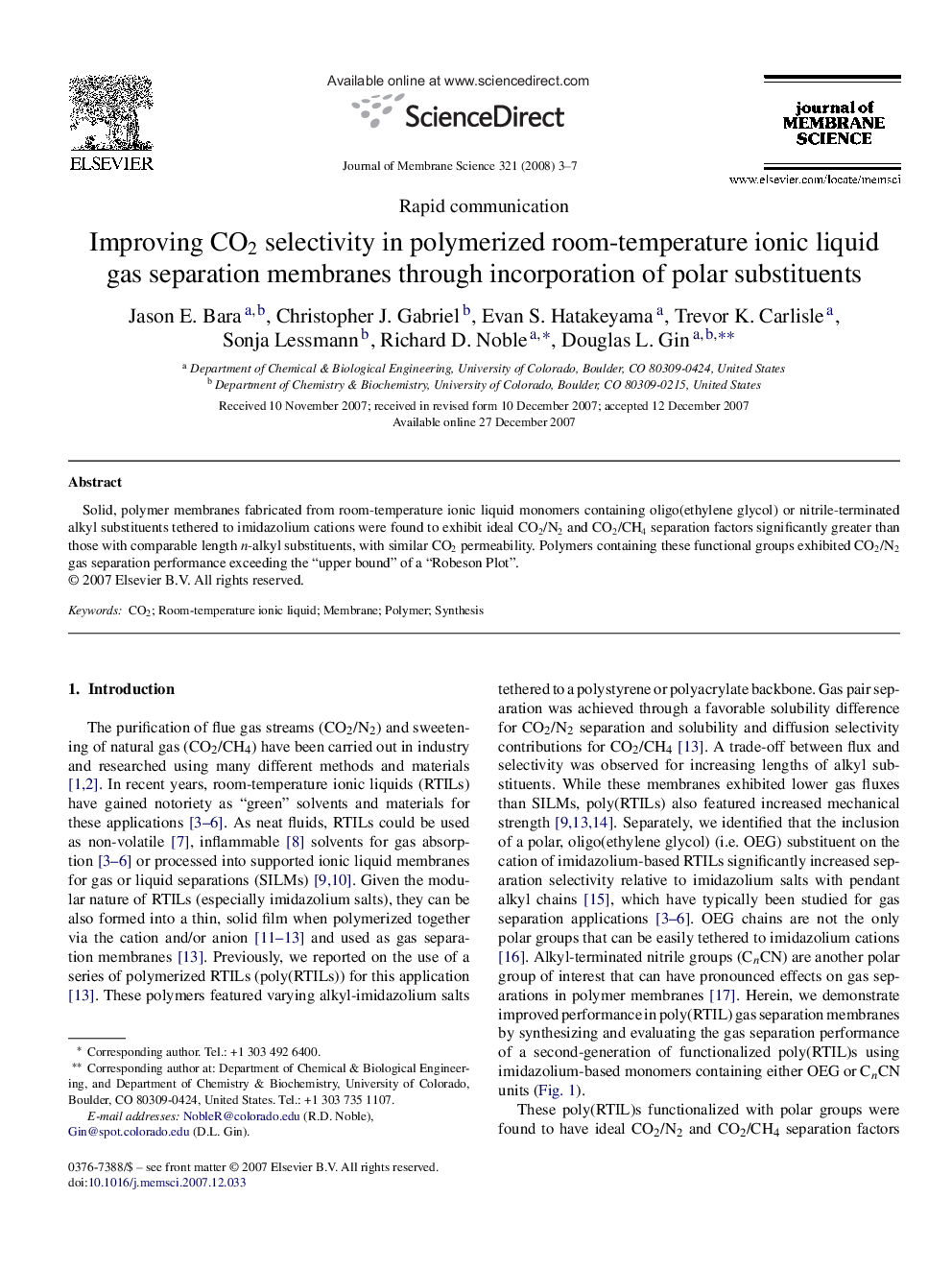 Improving CO2 selectivity in polymerized room-temperature ionic liquid gas separation membranes through incorporation of polar substituents