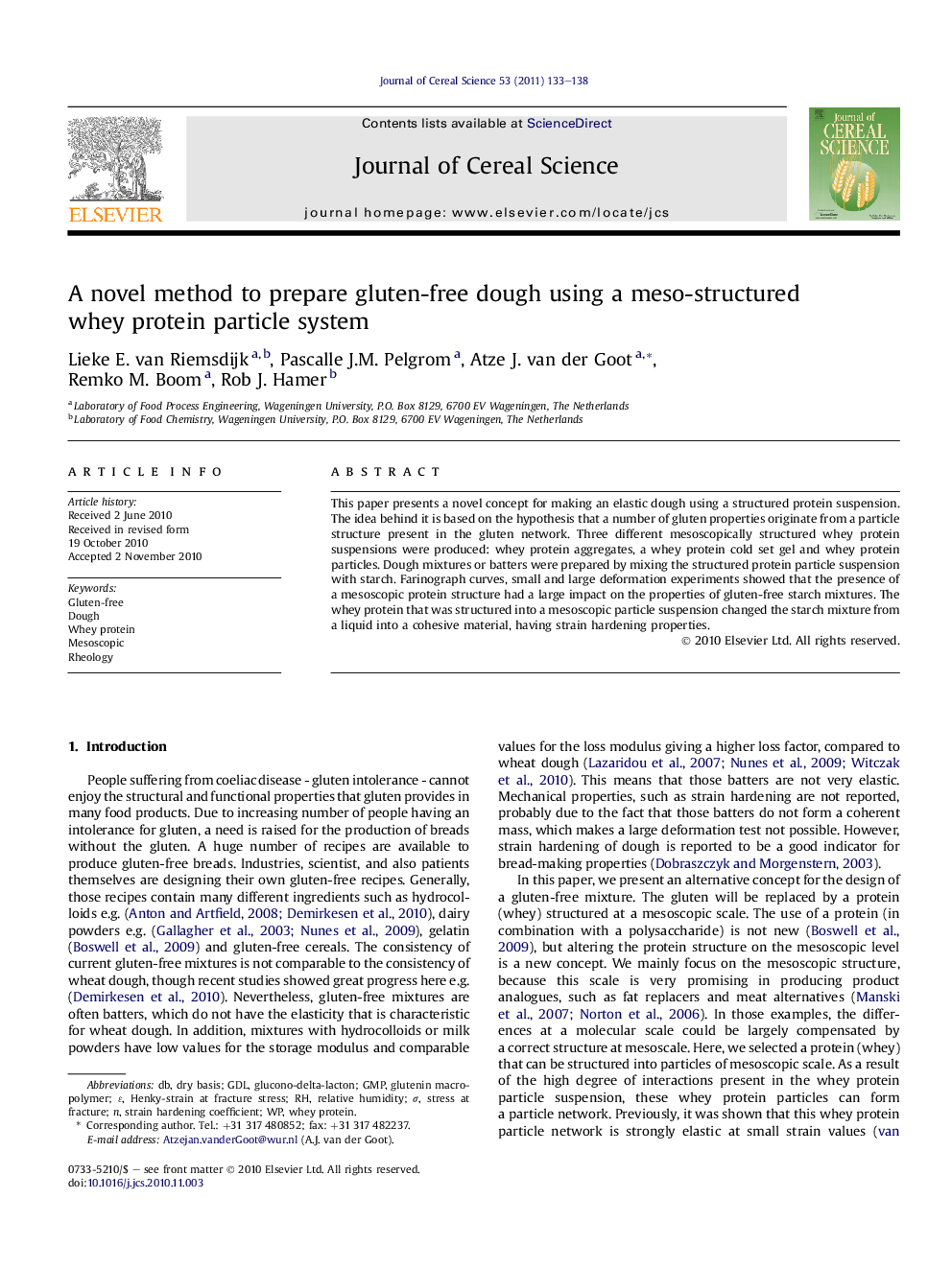 A novel method to prepare gluten-free dough using a meso-structured whey protein particle system