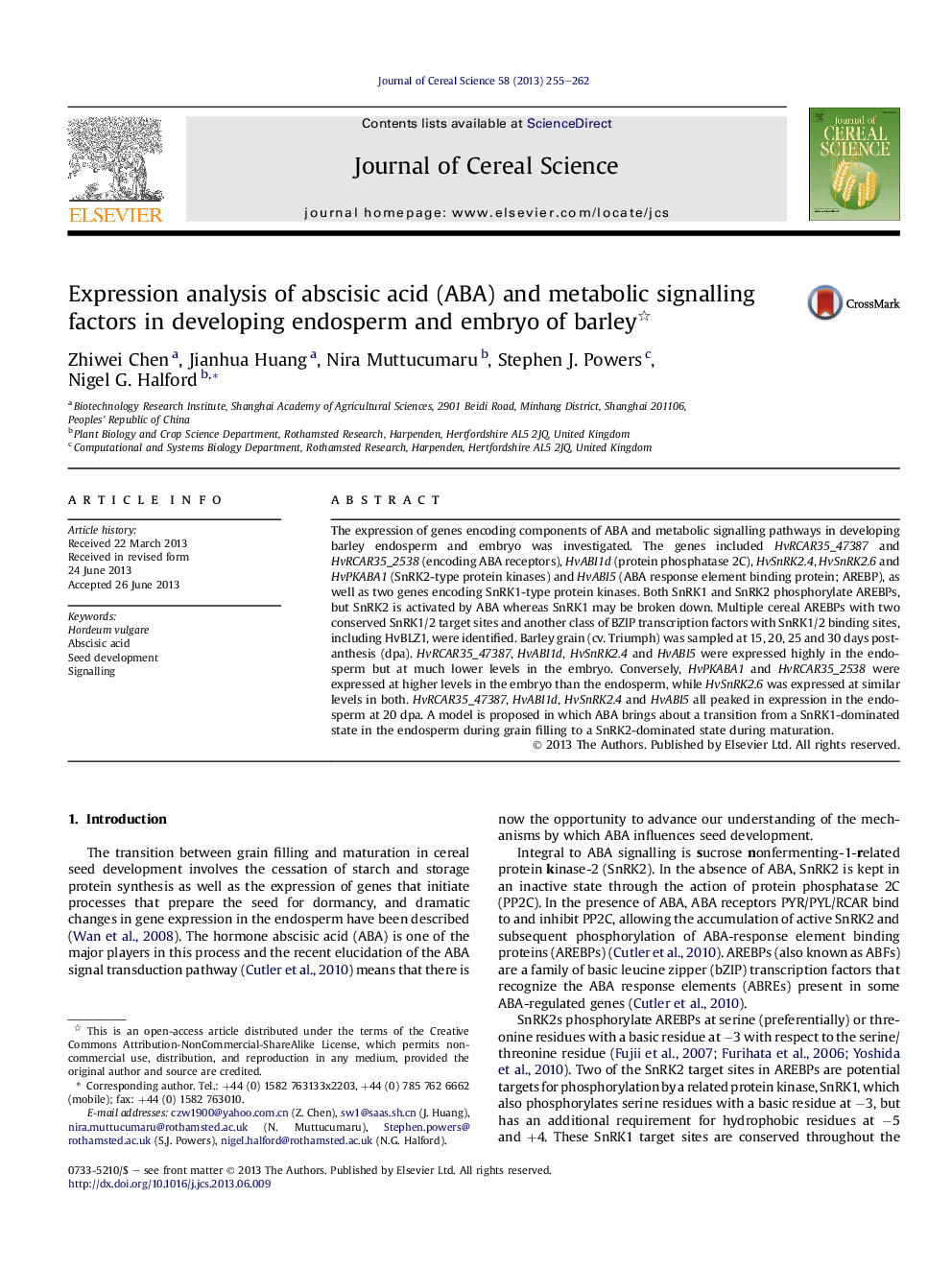 Expression analysis of abscisic acid (ABA) and metabolic signalling factors in developing endosperm and embryo of barley