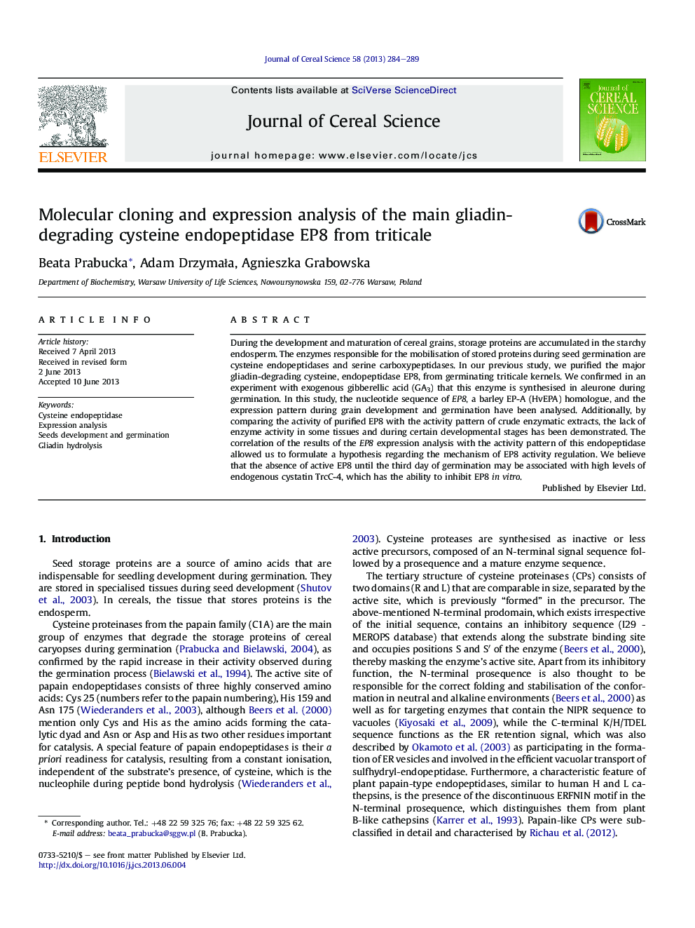 Molecular cloning and expression analysis of the main gliadin-degrading cysteine endopeptidase EP8 from triticale