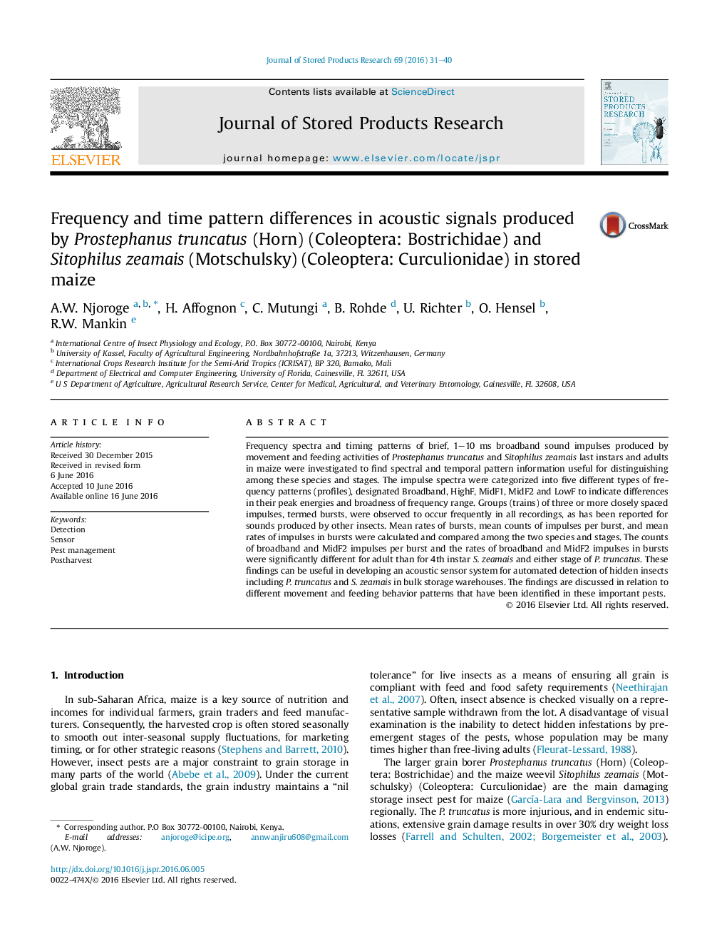 Frequency and time pattern differences in acoustic signals produced by Prostephanus truncatus (Horn) (Coleoptera: Bostrichidae) and Sitophilus zeamais (Motschulsky) (Coleoptera: Curculionidae) in stored maize