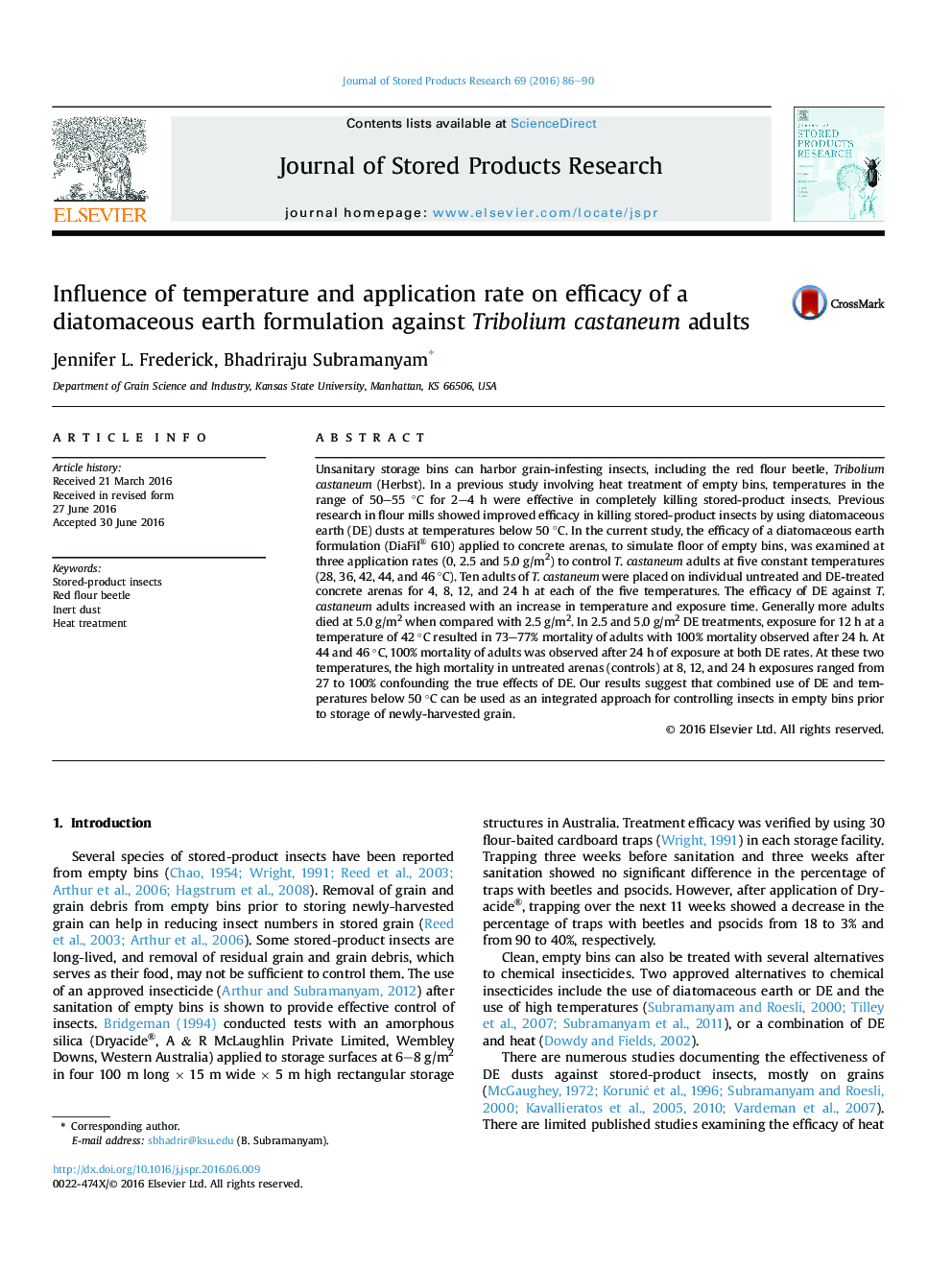 Influence of temperature and application rate on efficacy of a diatomaceous earth formulation against Tribolium castaneum adults