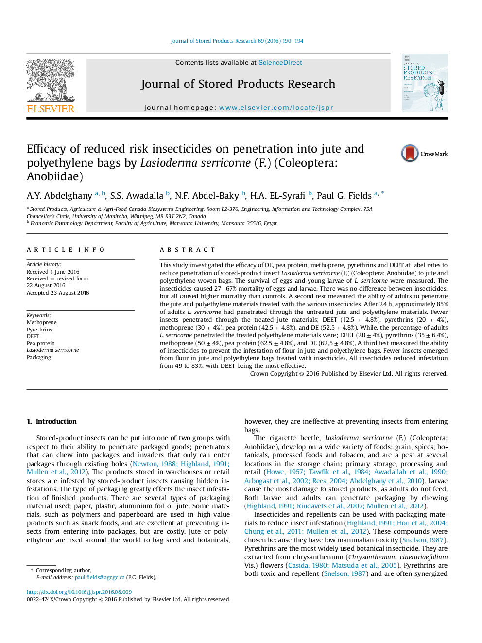 Efficacy of reduced risk insecticides on penetration into jute and polyethylene bags by Lasioderma serricorne (F.) (Coleoptera: Anobiidae)