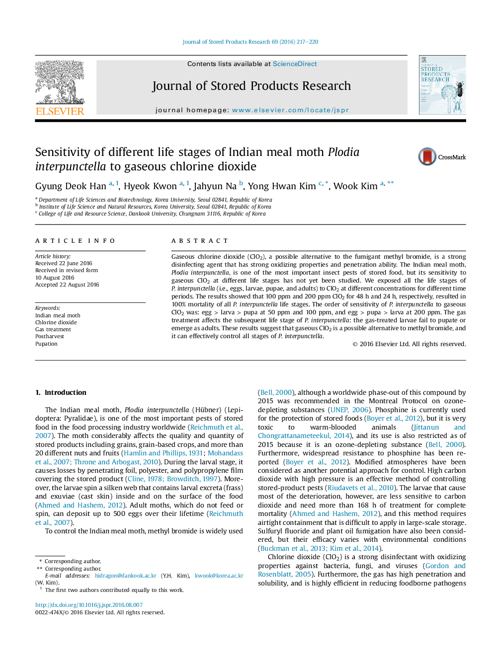 Sensitivity of different life stages of Indian meal moth Plodia interpunctella to gaseous chlorine dioxide