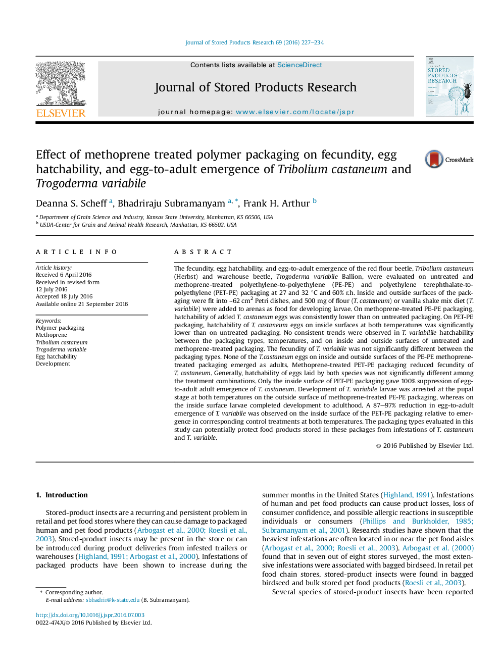 Effect of methoprene treated polymer packaging on fecundity, egg hatchability, and egg-to-adult emergence of Tribolium castaneum and Trogoderma variabile