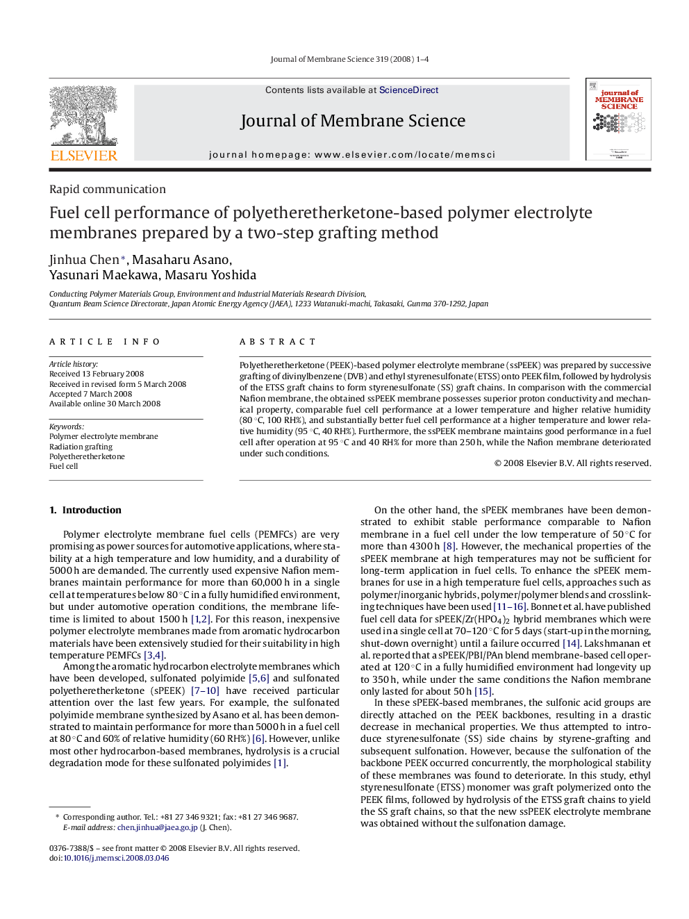 Fuel cell performance of polyetheretherketone-based polymer electrolyte membranes prepared by a two-step grafting method