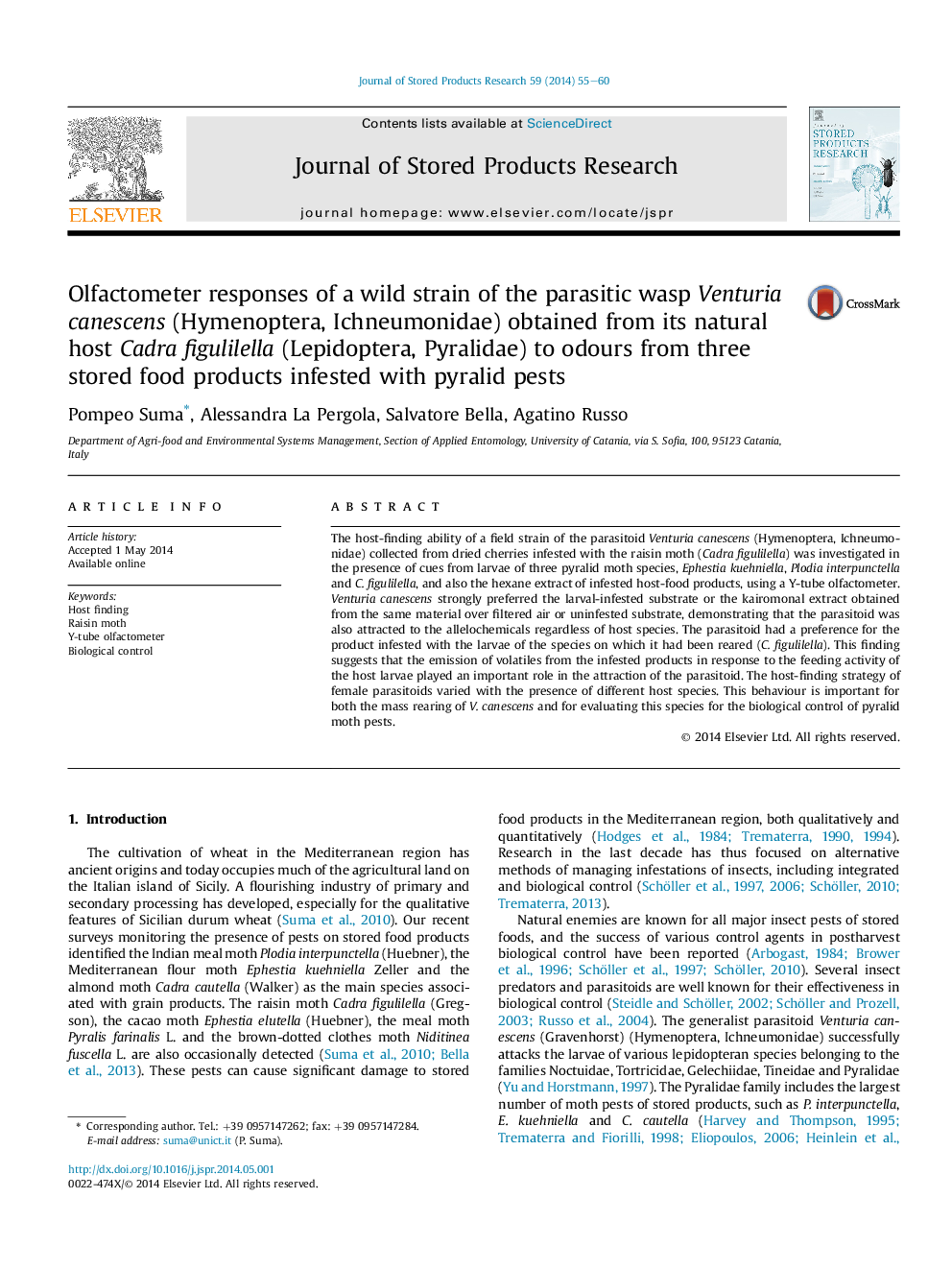 Olfactometer responses of a wild strain of the parasitic wasp Venturia canescens (Hymenoptera, Ichneumonidae) obtained from its natural host Cadra figulilella (Lepidoptera, Pyralidae) to odours from three stored food products infested with pyralid pests