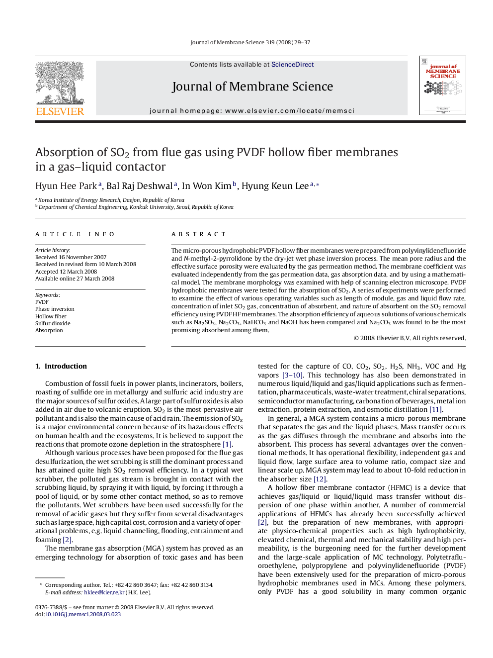 Absorption of SO2 from flue gas using PVDF hollow fiber membranes in a gas–liquid contactor