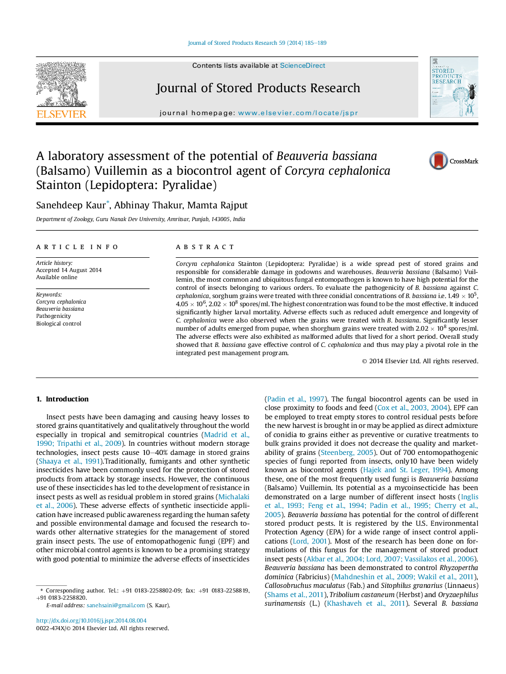 A laboratory assessment of the potential of Beauveria bassiana (Balsamo) Vuillemin as a biocontrol agent of Corcyra cephalonica Stainton (Lepidoptera: Pyralidae)