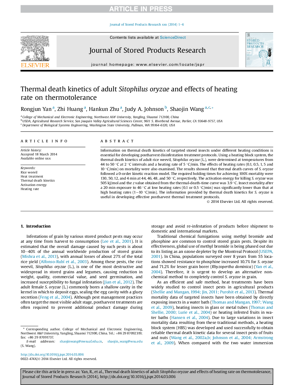 Thermal death kinetics of adult Sitophilus oryzae and effects of heating rate on thermotolerance