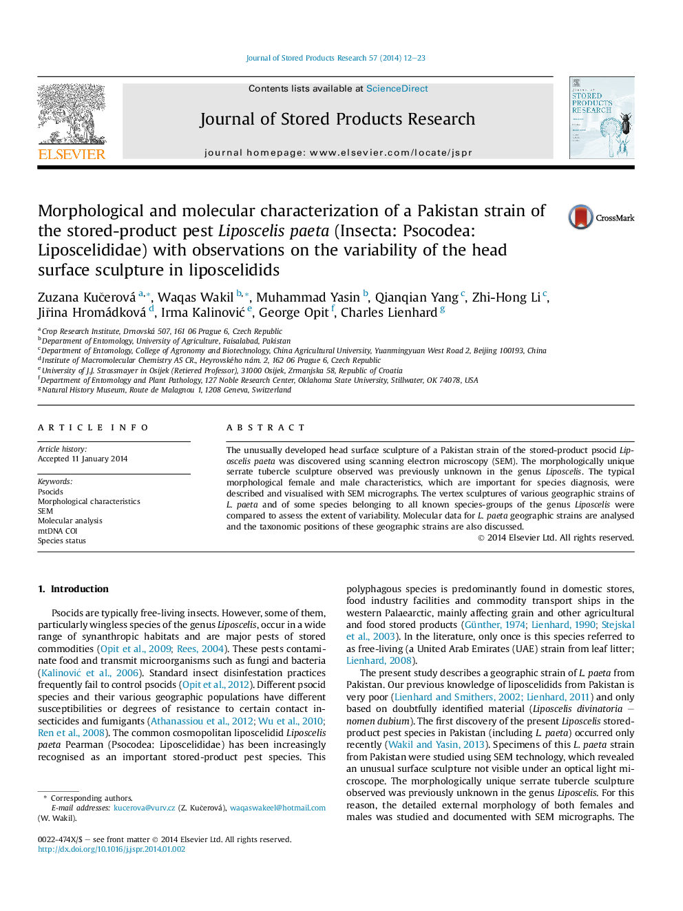 Morphological and molecular characterization of a Pakistan strain of the stored-product pest Liposcelis paeta (Insecta: Psocodea: Liposcelididae) with observations on the variability of the head surface sculpture in liposcelidids