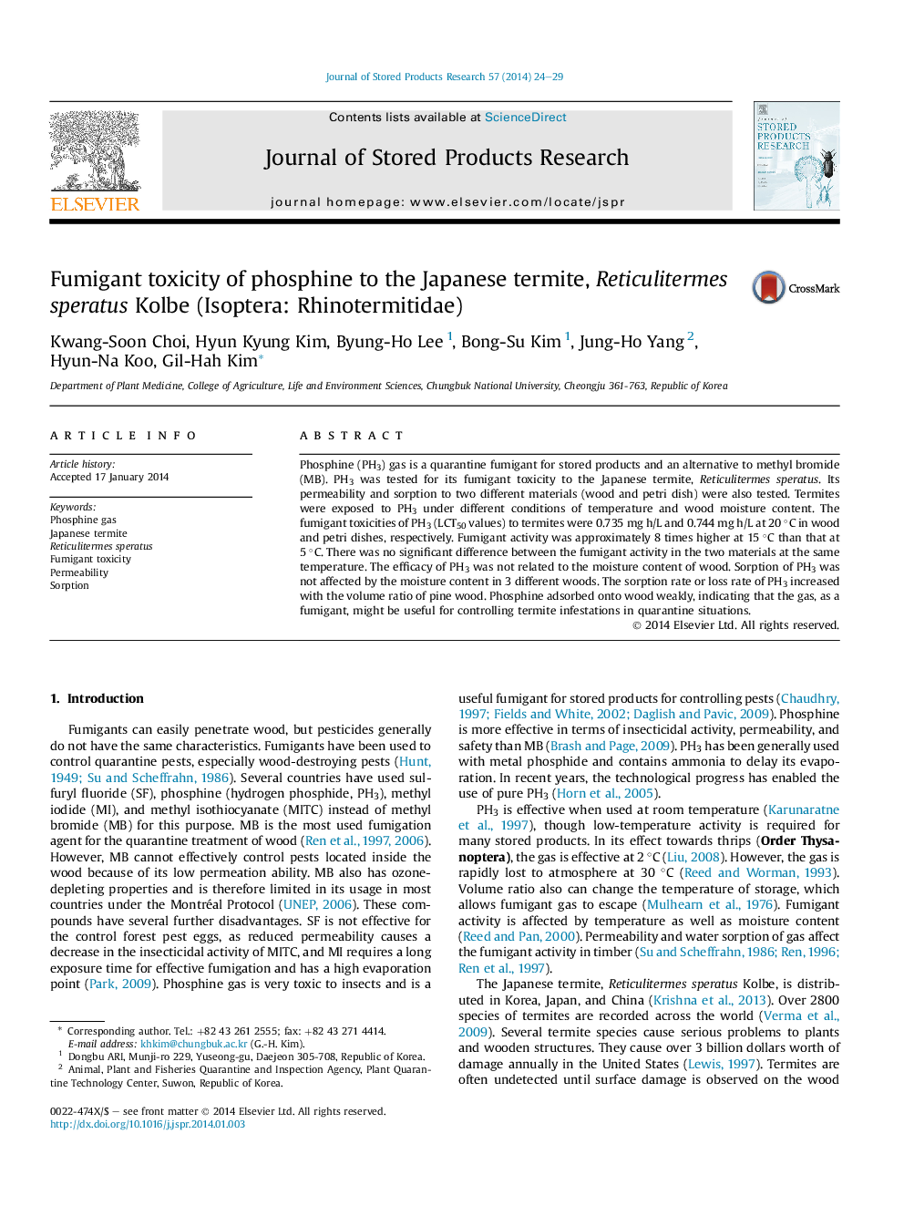 Fumigant toxicity of phosphine to the Japanese termite, Reticulitermes speratus Kolbe (Isoptera: Rhinotermitidae)