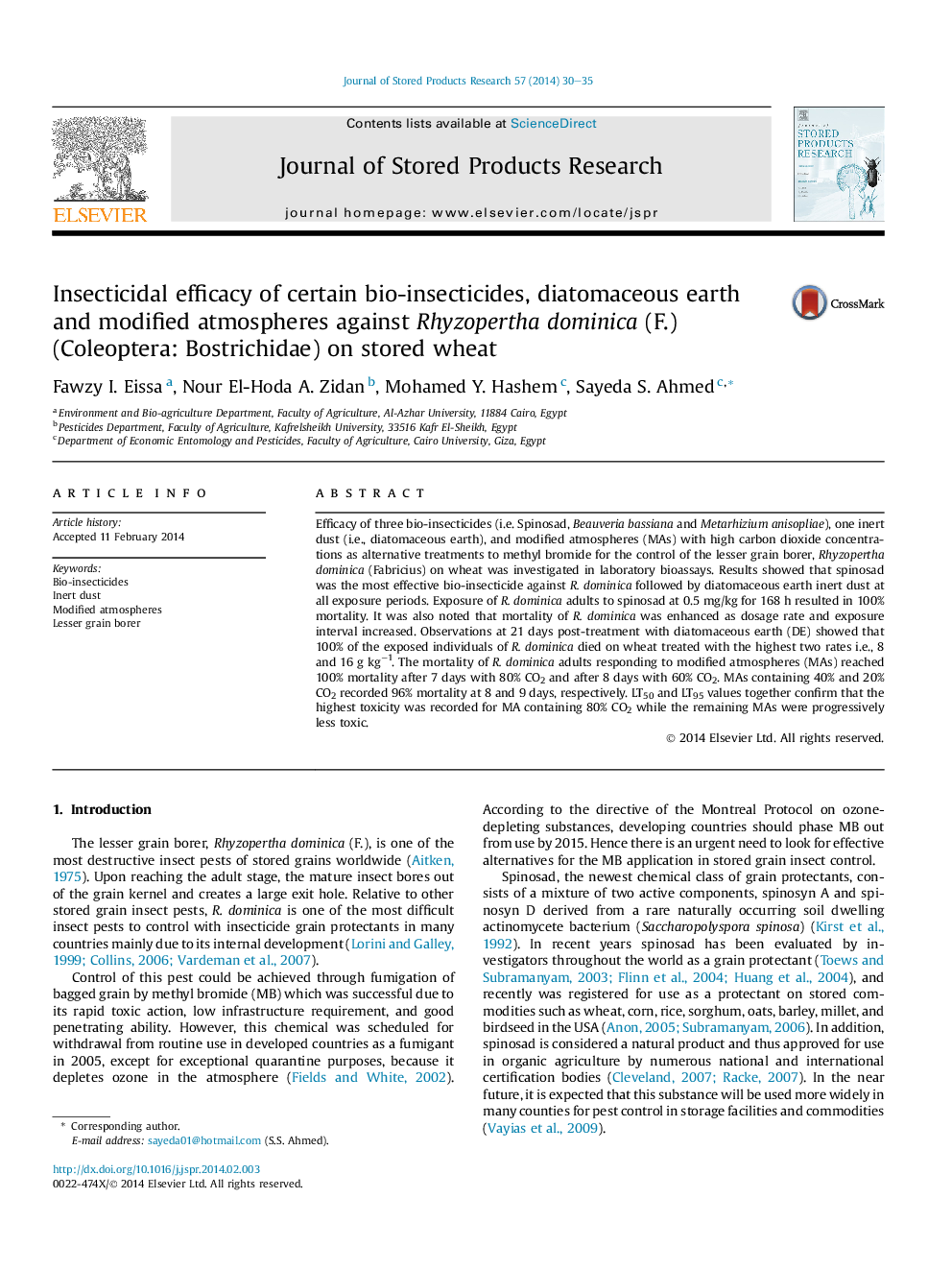 Insecticidal efficacy of certain bio-insecticides, diatomaceous earth and modified atmospheres against Rhyzopertha dominica (F.) (Coleoptera: Bostrichidae) on stored wheat