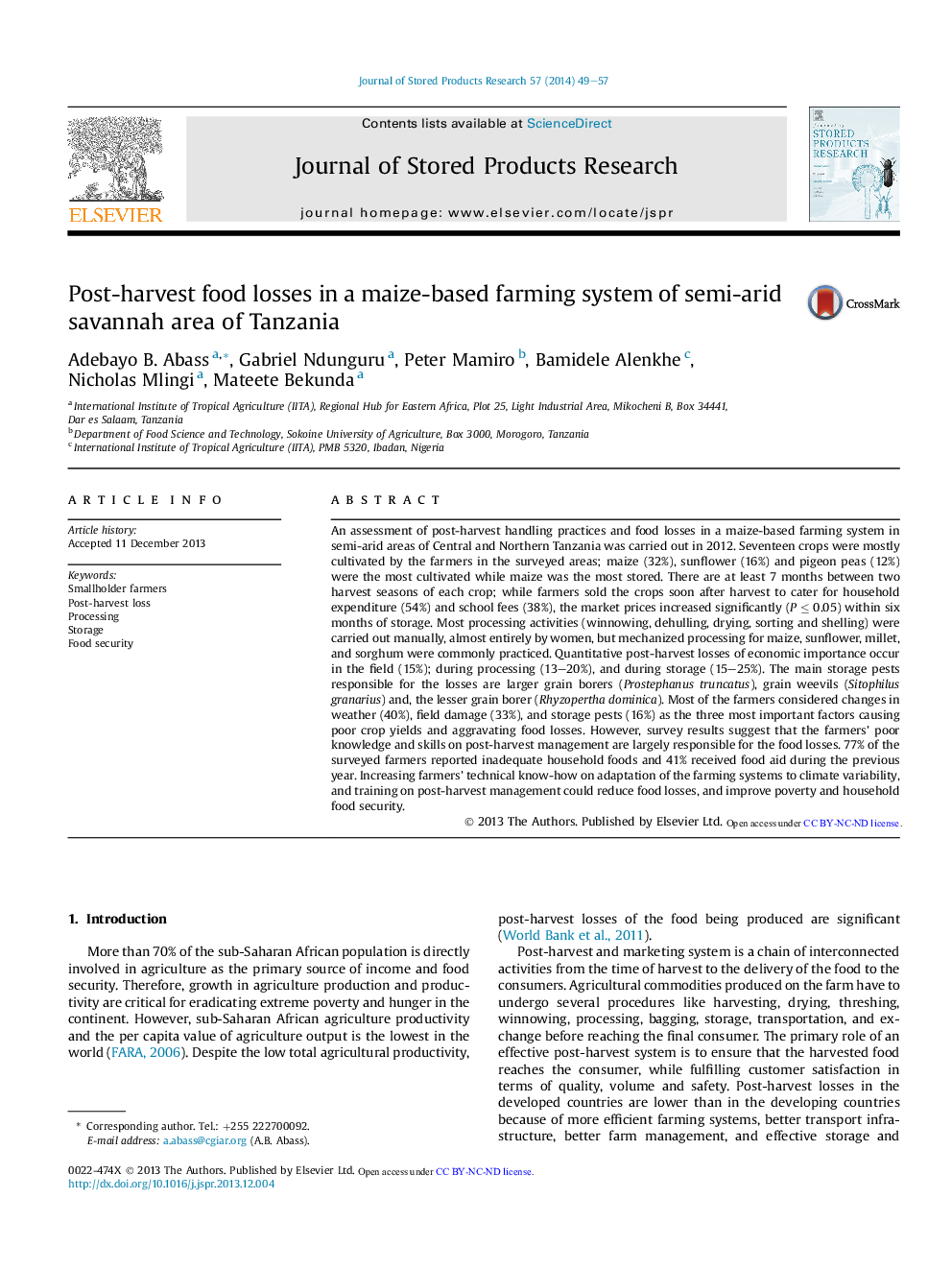 Post-harvest food losses in a maize-based farming system of semi-arid savannah area of Tanzania