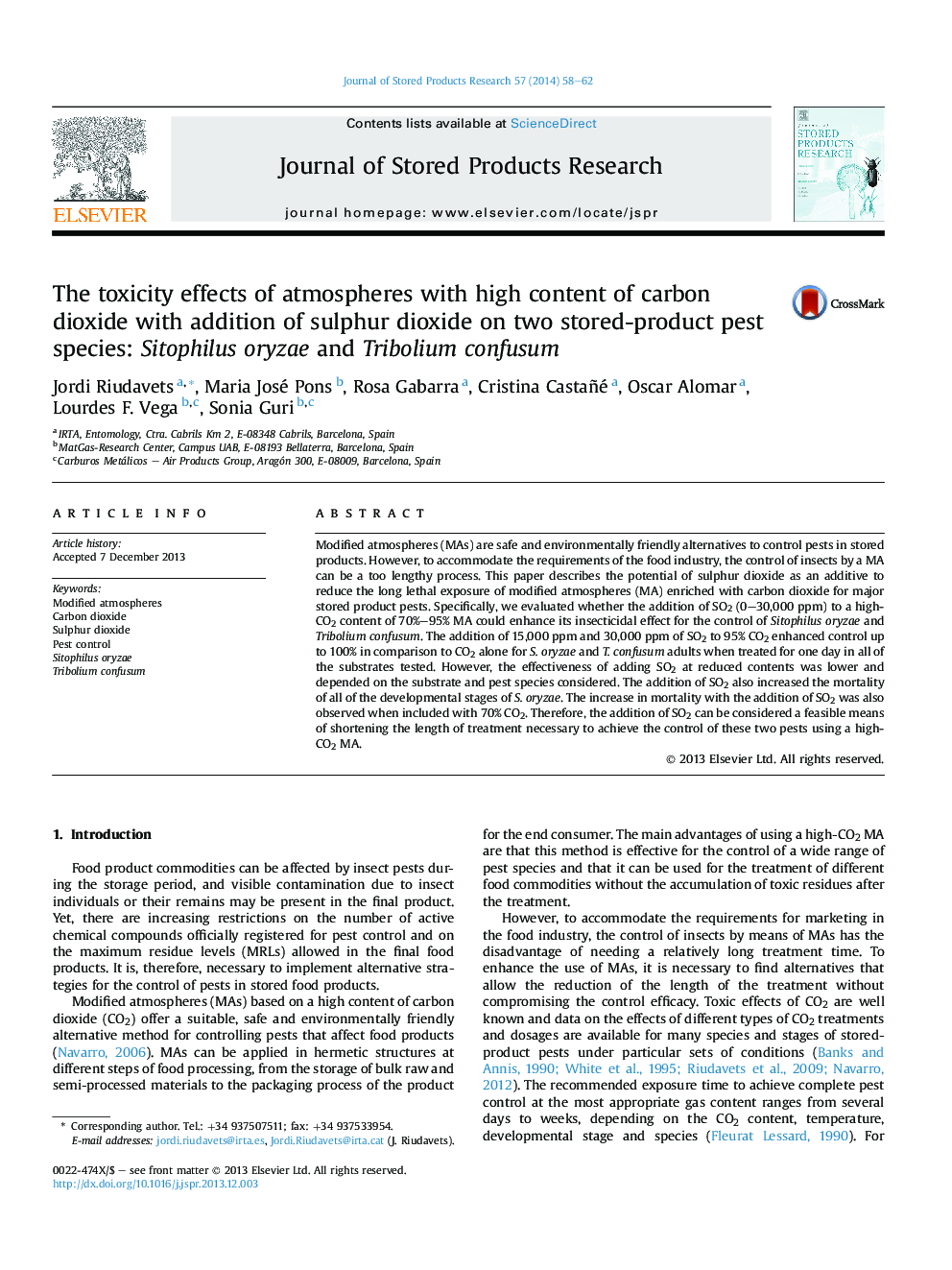 The toxicity effects of atmospheres with high content of carbon dioxide with addition of sulphur dioxide on two stored-product pest species: Sitophilus oryzae and Tribolium confusum