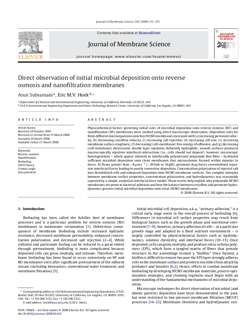 Direct observation of initial microbial deposition onto reverse osmosis and nanofiltration membranes