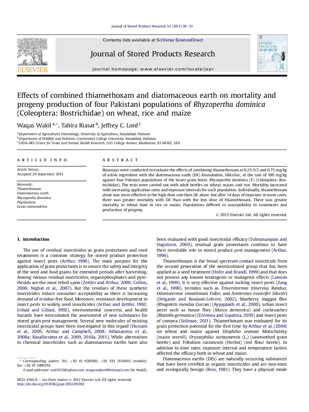 Effects of combined thiamethoxam and diatomaceous earth on mortality and progeny production of four Pakistani populations of Rhyzopertha dominica (Coleoptera: Bostrichidae) on wheat, rice and maize