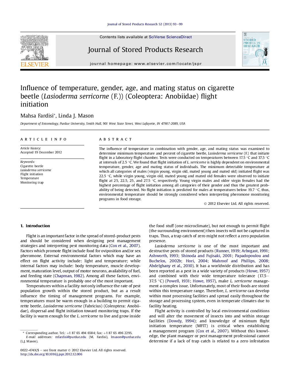 Influence of temperature, gender, age, and mating status on cigarette beetle (Lasioderma serricorne (F.)) (Coleoptera: Anobiidae) flight initiation