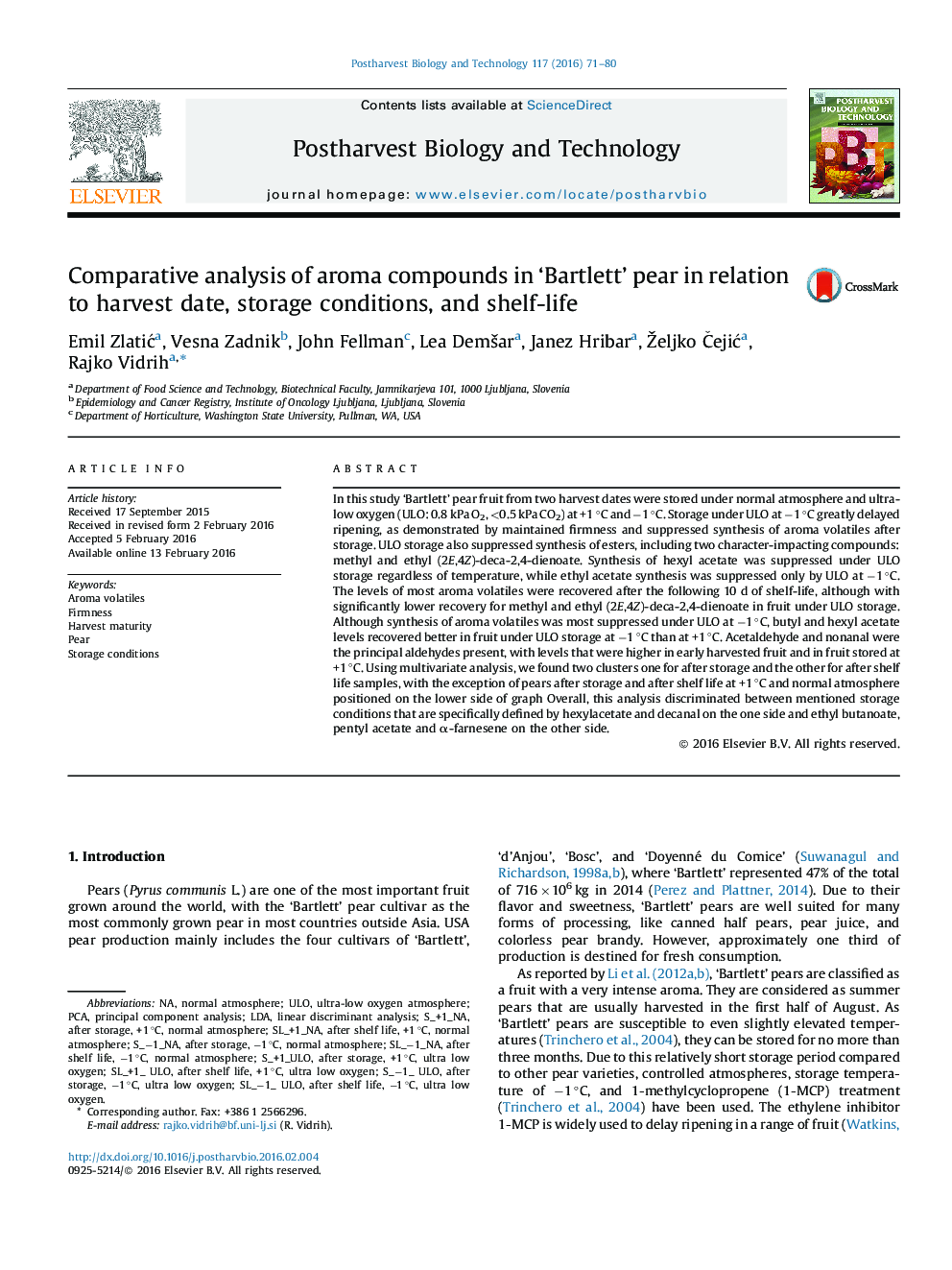 Comparative analysis of aroma compounds in 'Bartlett' pear in relation to harvest date, storage conditions, and shelf-life