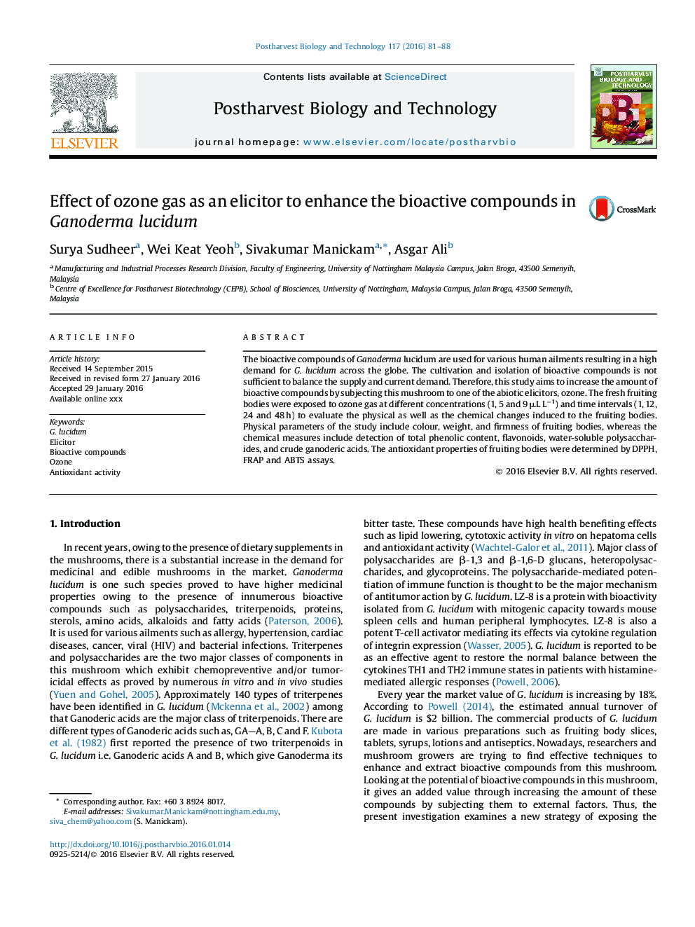 Effect of ozone gas as an elicitor to enhance the bioactive compounds in Ganoderma lucidum