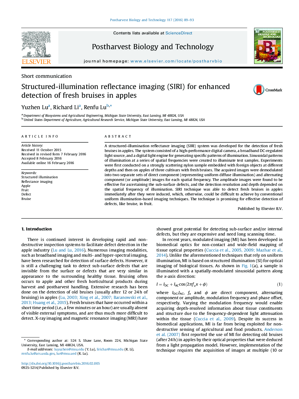 Short communicationStructured-illumination reflectance imaging (SIRI) for enhanced detection of fresh bruises in apples