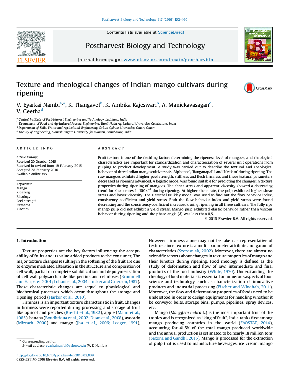 Texture and rheological changes of Indian mango cultivars during ripening