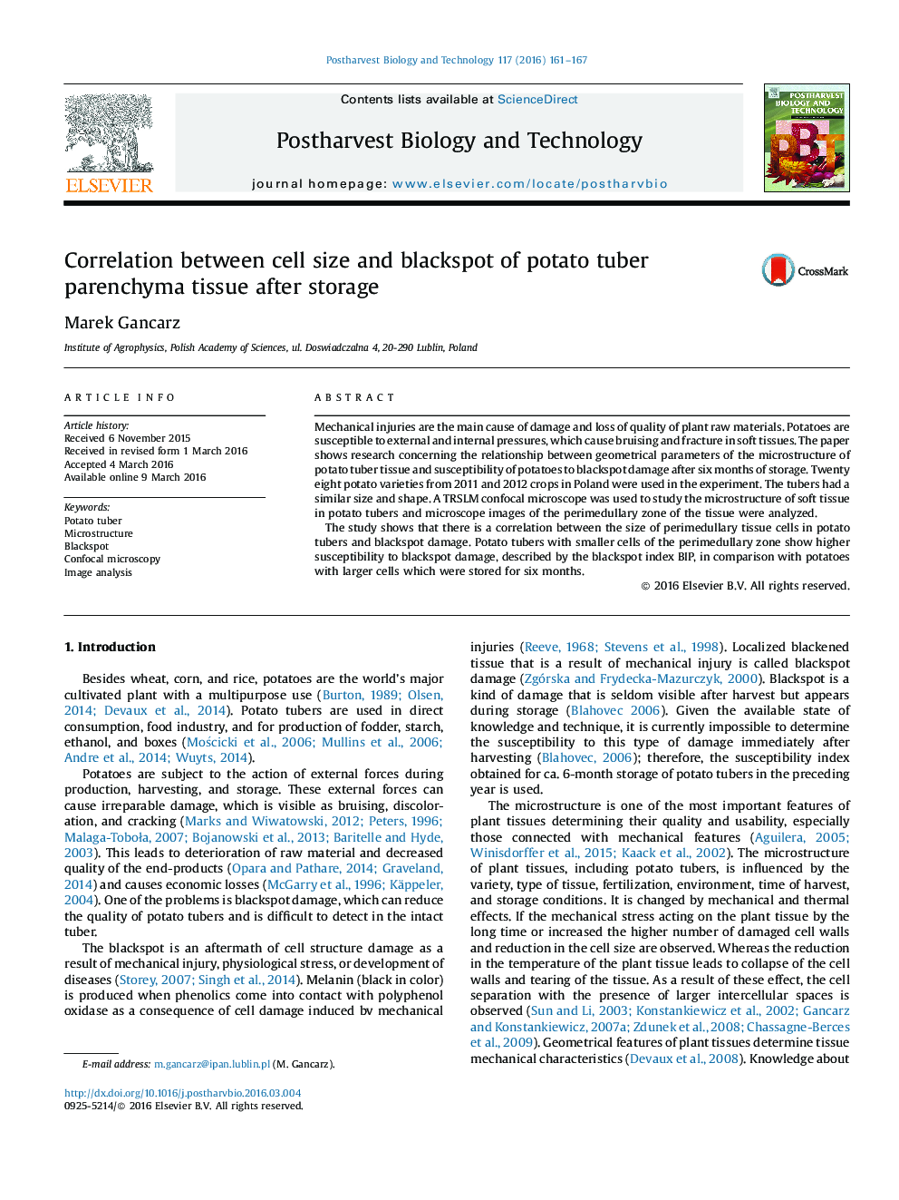 Correlation between cell size and blackspot of potato tuber parenchyma tissue after storage