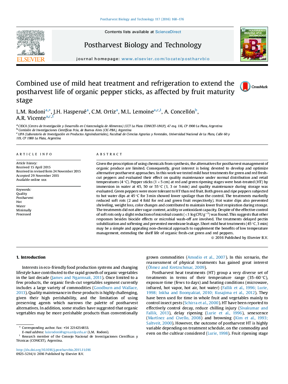 Combined use of mild heat treatment and refrigeration to extend the postharvest life of organic pepper sticks, as affected by fruit maturity stage