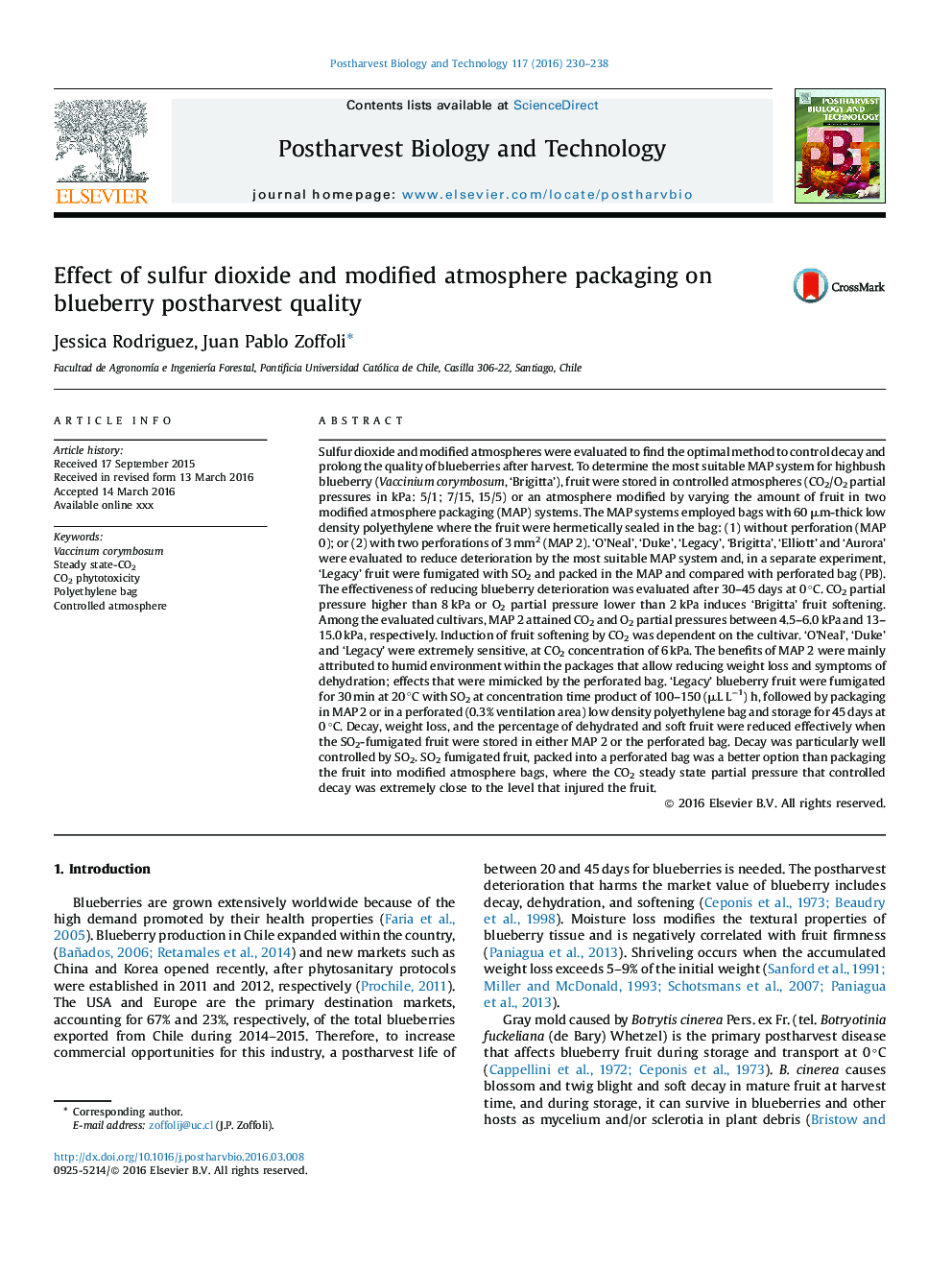 Effect of sulfur dioxide and modified atmosphere packaging on blueberry postharvest quality