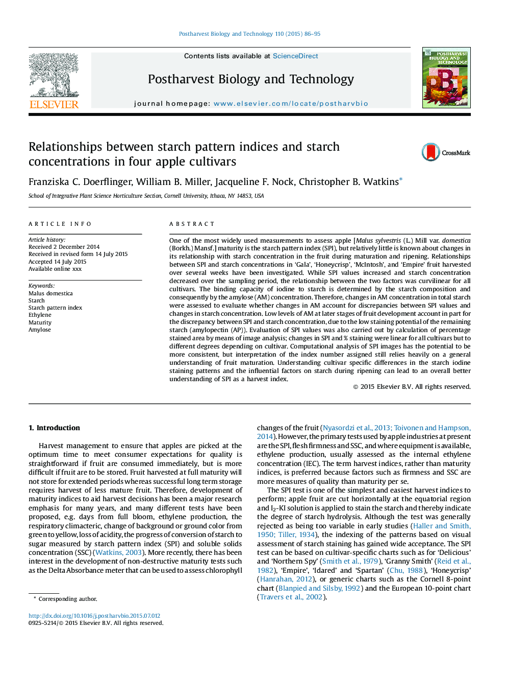 Relationships between starch pattern indices and starch concentrations in four apple cultivars