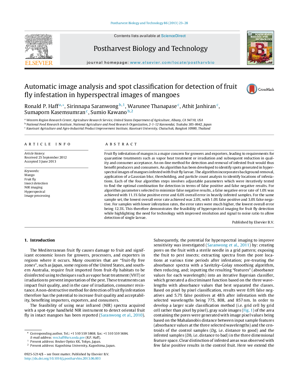 Automatic image analysis and spot classification for detection of fruit fly infestation in hyperspectral images of mangoes