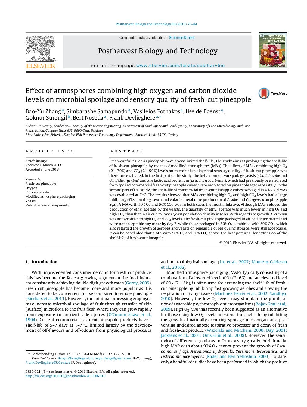 Effect of atmospheres combining high oxygen and carbon dioxide levels on microbial spoilage and sensory quality of fresh-cut pineapple