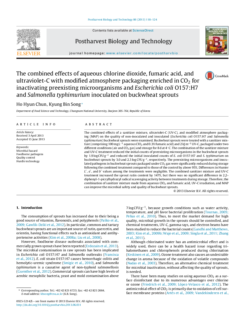 The combined effects of aqueous chlorine dioxide, fumaric acid, and ultraviolet-C with modified atmosphere packaging enriched in CO2 for inactivating preexisting microorganisms and Escherichia coli O157:H7 and Salmonella typhimurium inoculated on buckwhea