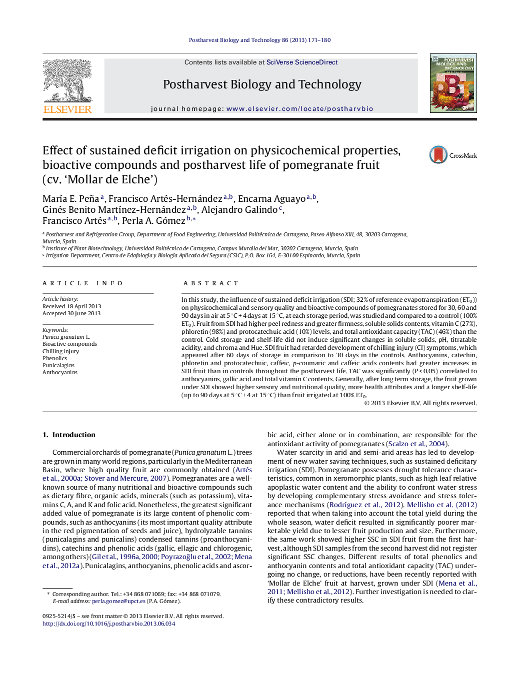 Effect of sustained deficit irrigation on physicochemical properties, bioactive compounds and postharvest life of pomegranate fruit (cv. 'Mollar de Elche')