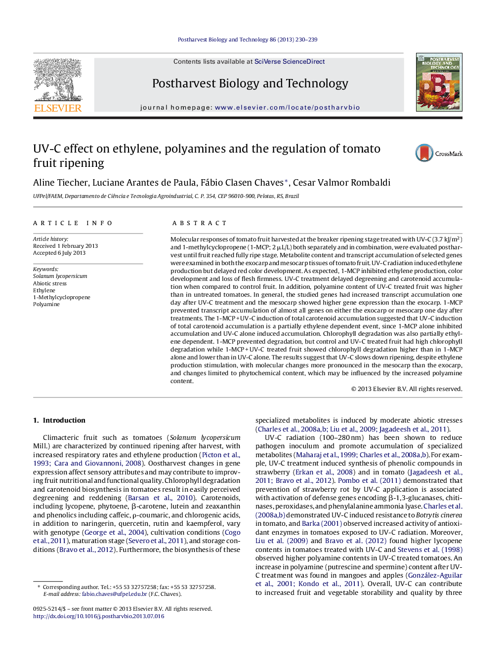 UV-C effect on ethylene, polyamines and the regulation of tomato fruit ripening