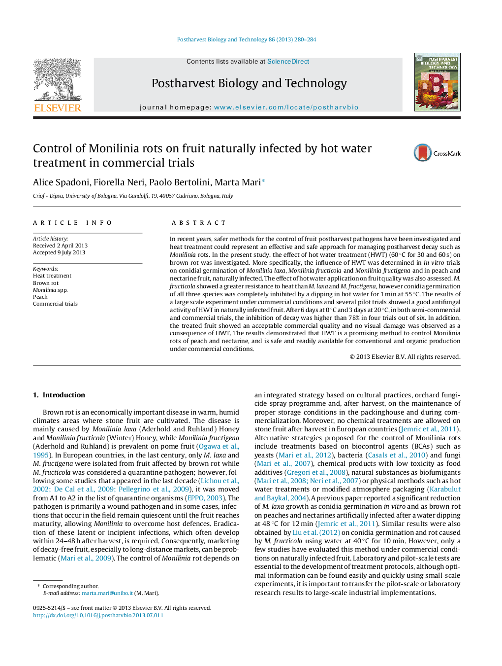 Control of Monilinia rots on fruit naturally infected by hot water treatment in commercial trials