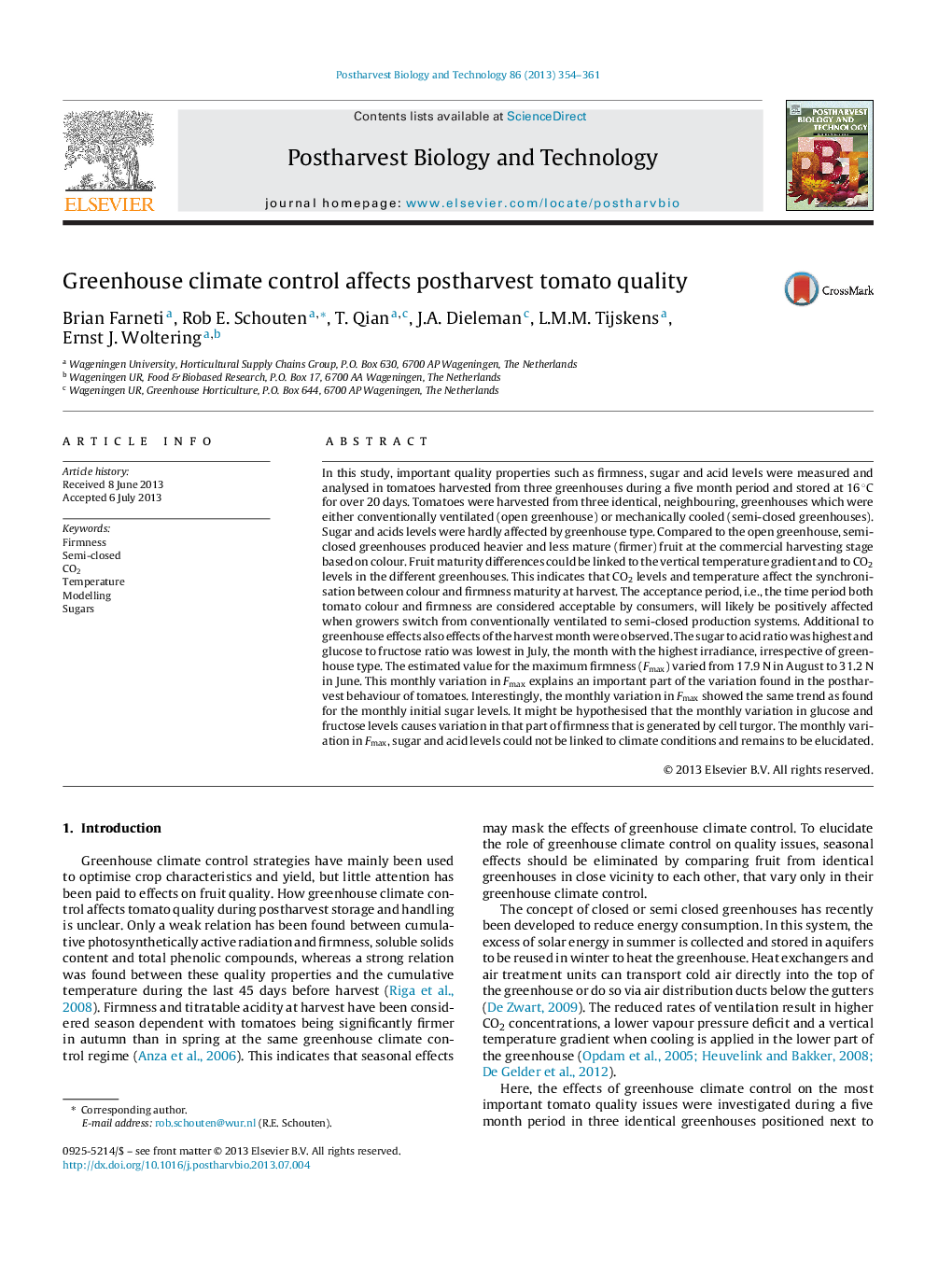 Greenhouse climate control affects postharvest tomato quality