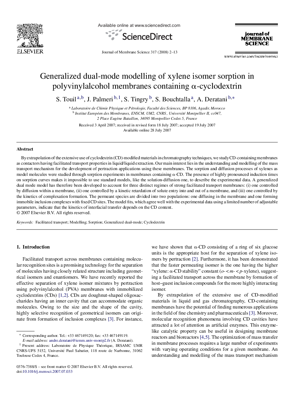 Generalized dual-mode modelling of xylene isomer sorption in polyvinylalcohol membranes containing α-cyclodextrin