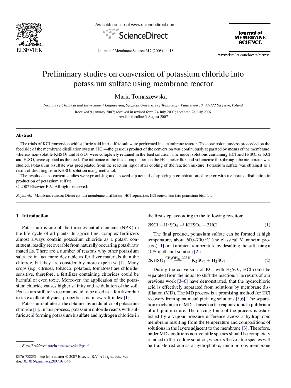 Preliminary studies on conversion of potassium chloride into potassium sulfate using membrane reactor