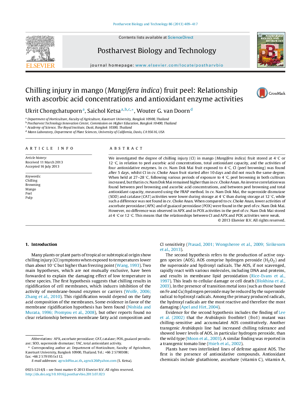 Chilling injury in mango (Mangifera indica) fruit peel: Relationship with ascorbic acid concentrations and antioxidant enzyme activities