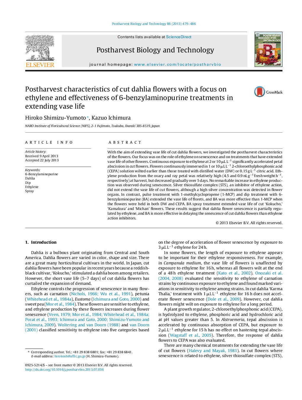 Postharvest characteristics of cut dahlia flowers with a focus on ethylene and effectiveness of 6-benzylaminopurine treatments in extending vase life