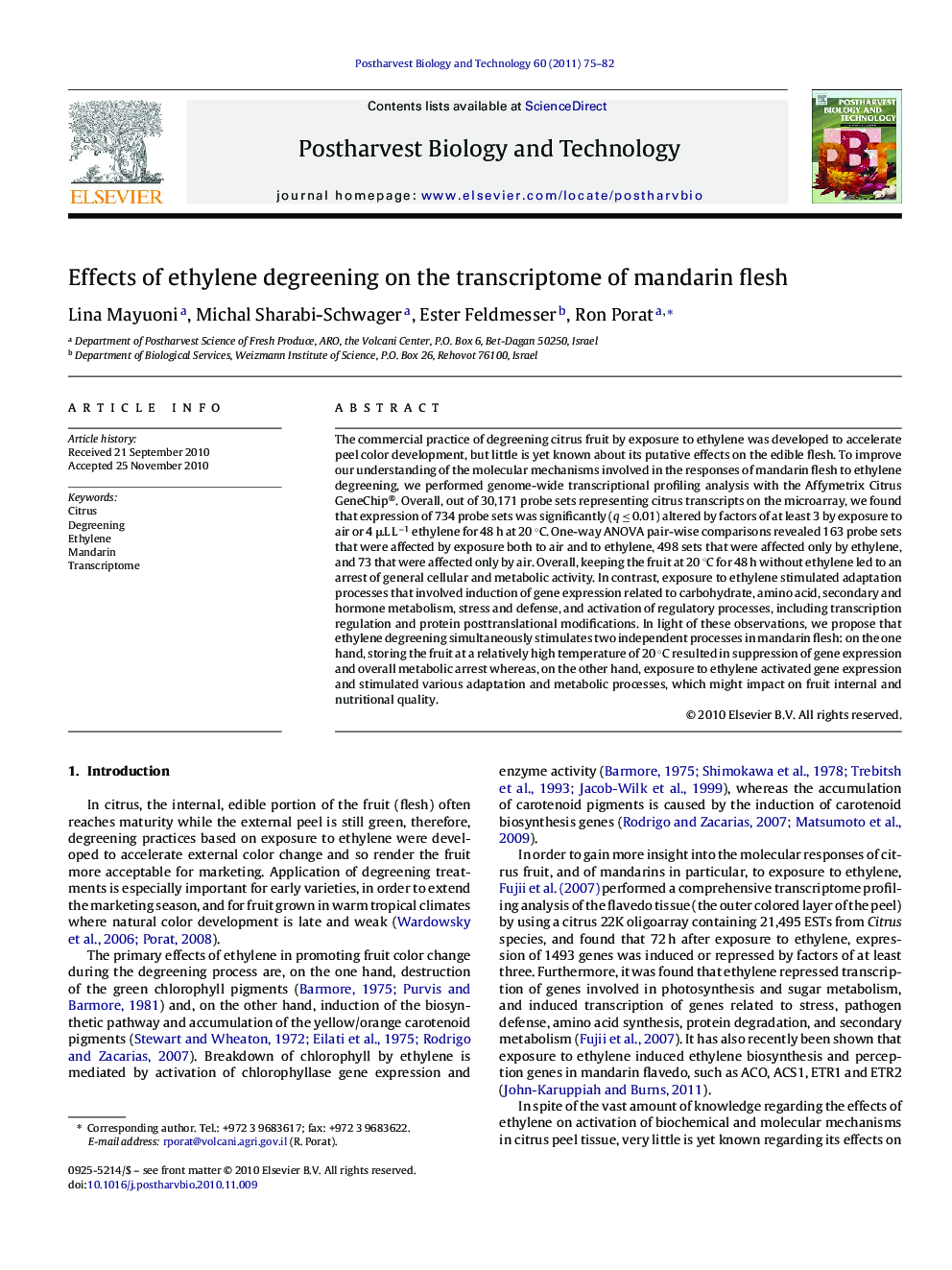 عکس صفحه اول مقاله: Effects of ethylene degreening on the transcriptome of mandarin flesh Effects of ethylene degreening on the transcriptome of mandarin flesh