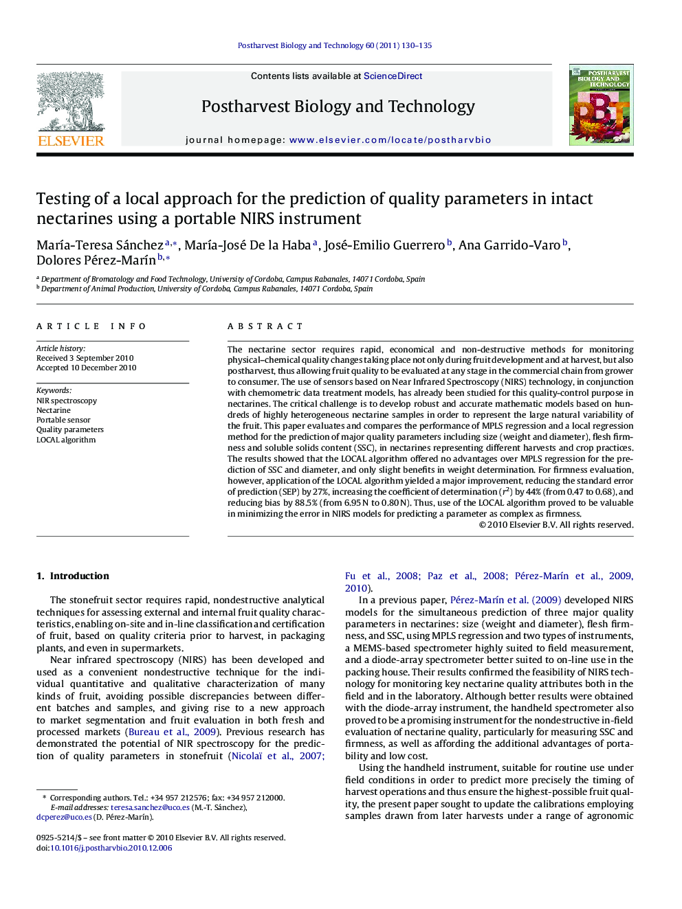 عکس صفحه اول مقاله: Testing of a local approach for the prediction of quality parameters in intact nectarines using a portable NIRS instrument Testing of a local approach for the prediction of quality parameters in intact nectarines using a portable NIRS instrument