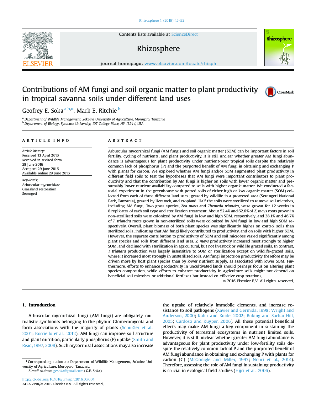 Contributions of AM fungi and soil organic matter to plant productivity in tropical savanna soils under different land uses