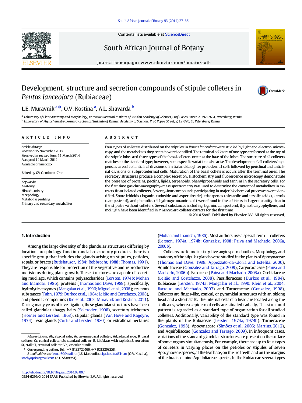 Development, structure and secretion compounds of stipule colleters in Pentas lanceolata (Rubiaceae)