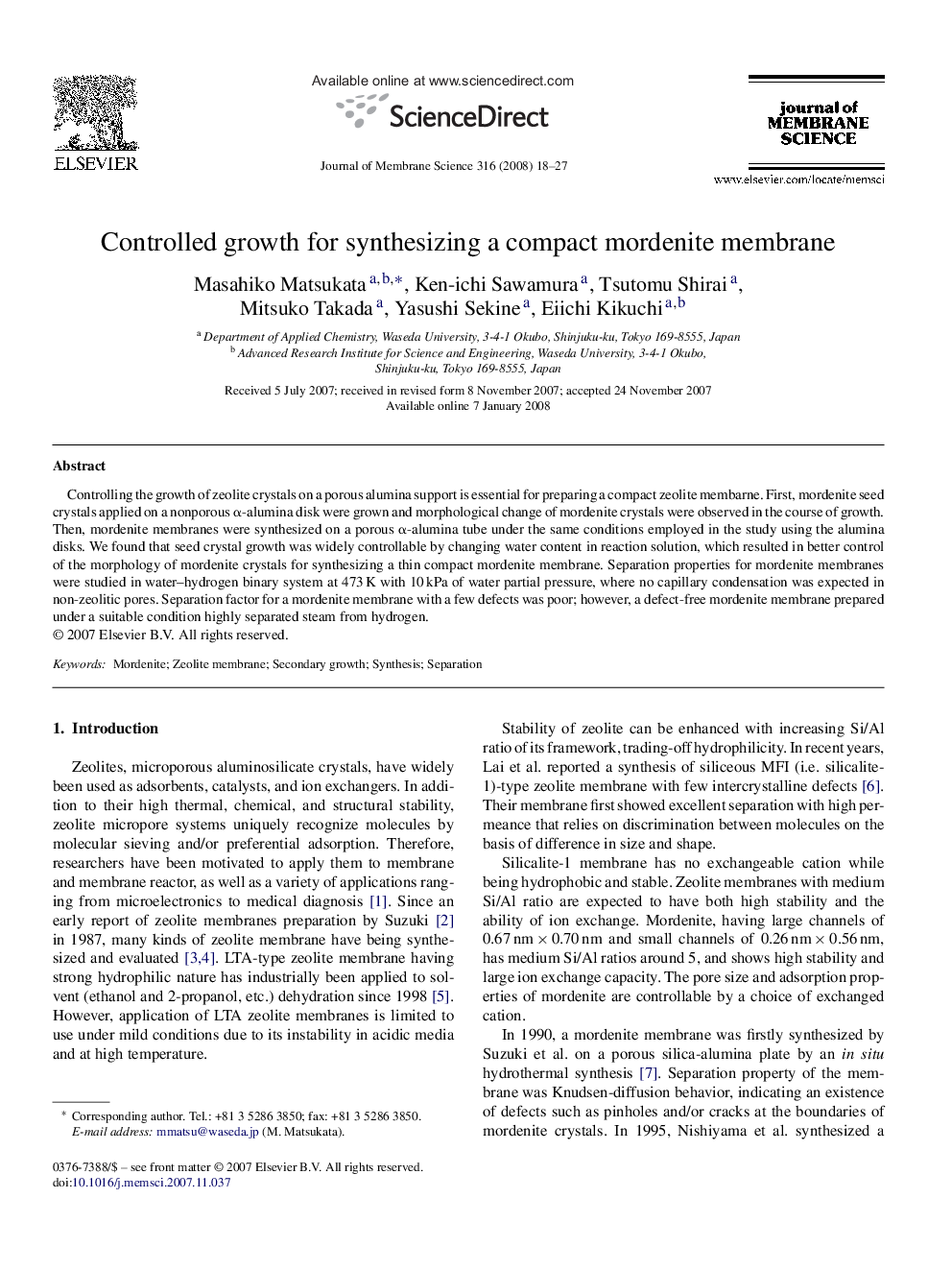 Controlled growth for synthesizing a compact mordenite membrane